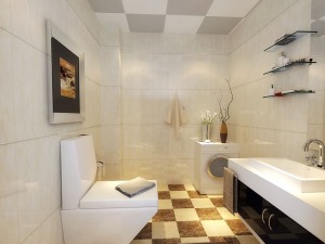 【卫生间装修效果图】棕白相间的瓷砖铺垫更具现代感，玻璃置物架的设置使整个空间更加简洁大方。白色的滚筒