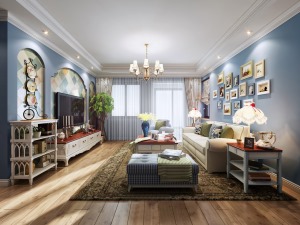【客厅】客厅的背景墙面采用两种装饰效果，整面的蓝色墙面与彩色菱形砖的叠加，让地中海风格尤为突出，包括
