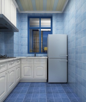 【厨房】蔚蓝的瓷砖给人一种清凉感，纯白的一体化橱柜宛如一朵朵在天空中飘荡的白云，纯净又美好。如此清新