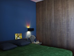 【卧室】卧室的设计“低调性冷淡色碰撞”，深蓝色墙漆与木板的结合，包括后期的软装，绿色的床单，形成了一