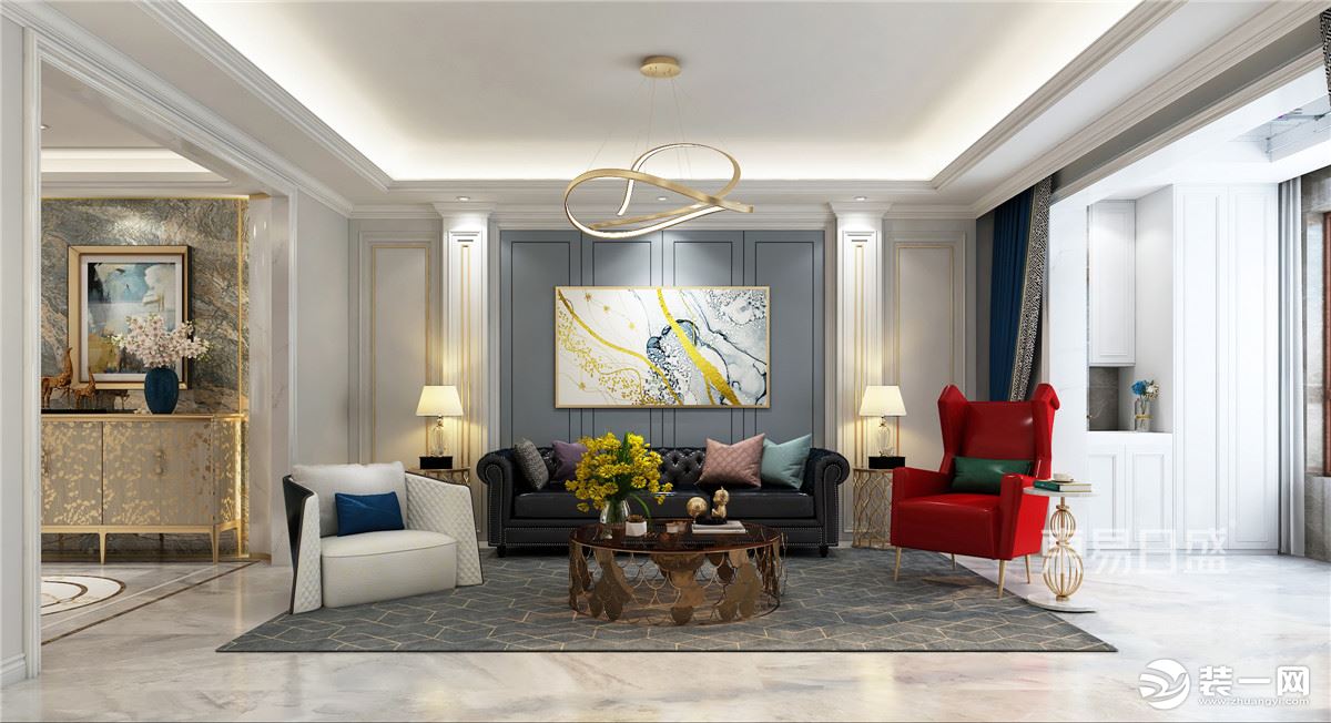 石家庄东易日盛装饰-东南智汇城177平米美式轻奢风格客厅装修效果图