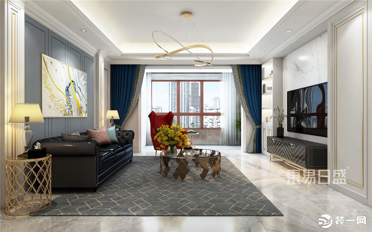 石家庄东易日盛装饰-东南智汇城177平米美式轻奢风格客厅装修效果图