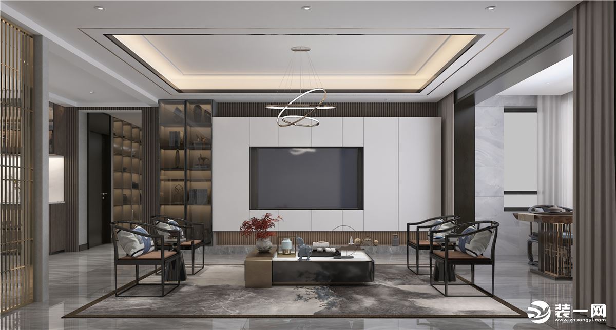 石家庄东易日盛装饰-东南智汇城150平米新中式轻奢风格客厅装修效果图