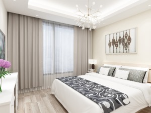 主卧选用令人平静温馨的浅粉色作为床头背景墙，没有多余的装饰，柔和安静。