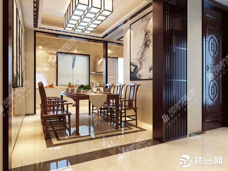 【领航装饰】徐州美的城139平方户型新中式风格三居室餐厅装修效果图