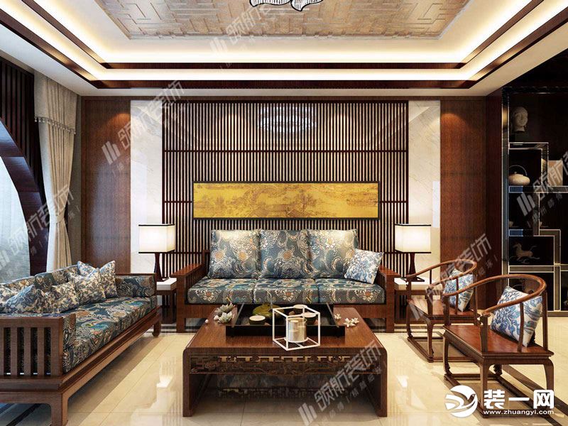 【领航装饰】徐州美的城139平方户型新中式风格三居室客厅装修效果图