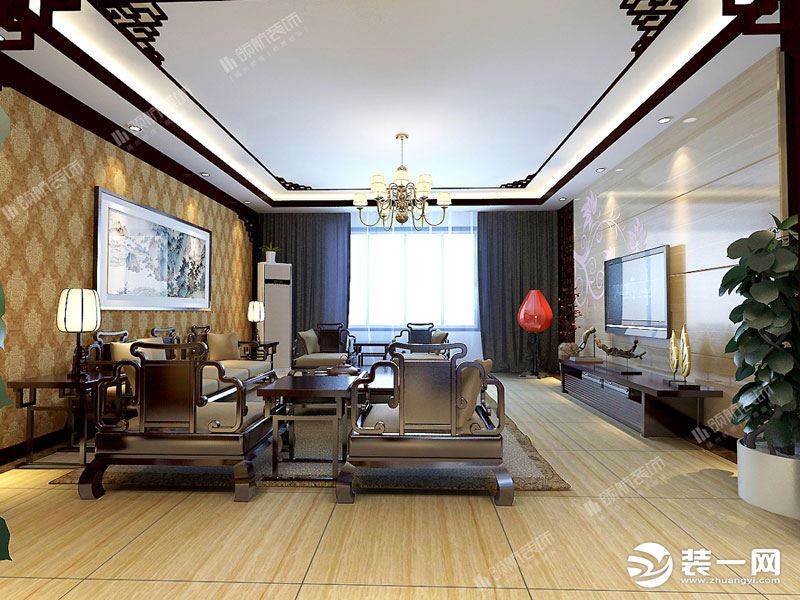【领航装饰】徐州世茂天城136平方户型新中式风格三室客厅装修效果图
