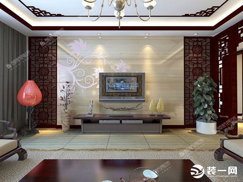 【领航装饰】徐州世茂天城136平方户型新中式风格三室客厅装修效果图