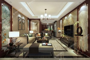 【领航装饰】徐州绿地商务城117平方户型新中式风格三居室客厅装修效果图