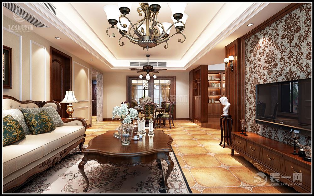 襄阳亿弘装饰-汉江明珠城230平美式风格装修案例客厅