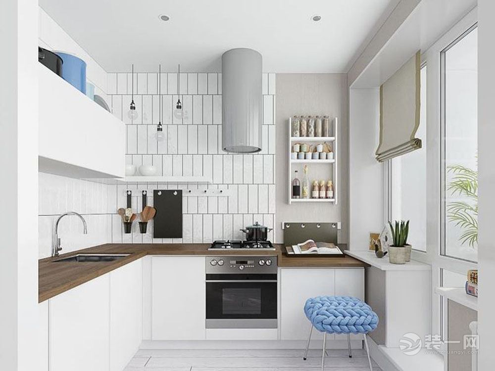 厨房采用浅白色，将经常使用的厨具和电器位置进行合理规划，方便操作的同时使空间整齐干净，错落有致。