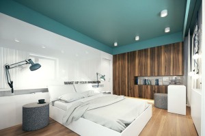 卧室部分很有趣，是把色彩搬到了天花板上，这样的摩登设计带来别样的新奇感。