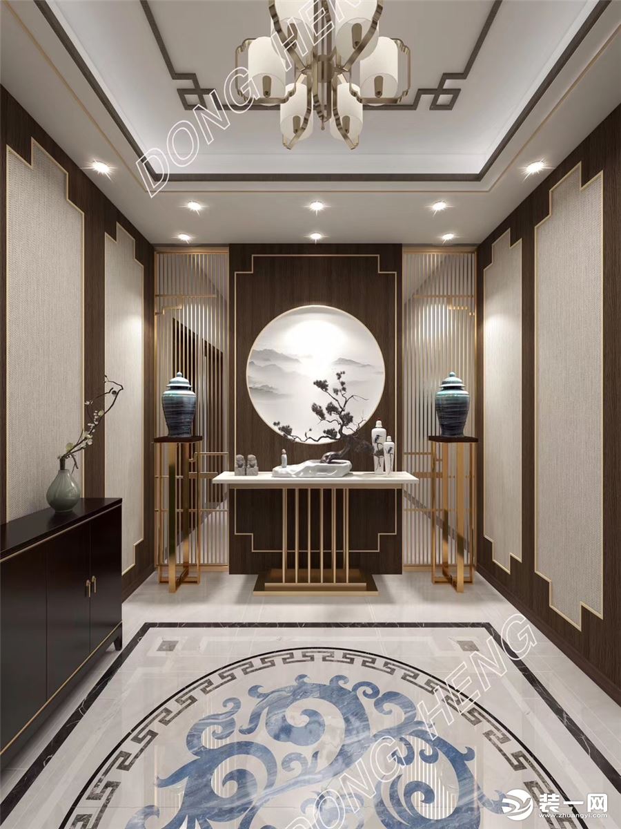 新中式门厅，体现新中风格特色，墙面暖灰墙布、木饰面