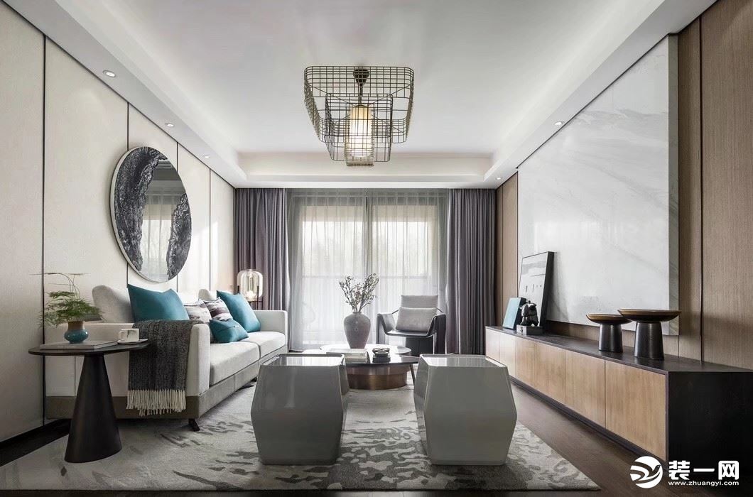 新中式风格 · 客厅   古色古香的灯饰、家具和沙发背景墙