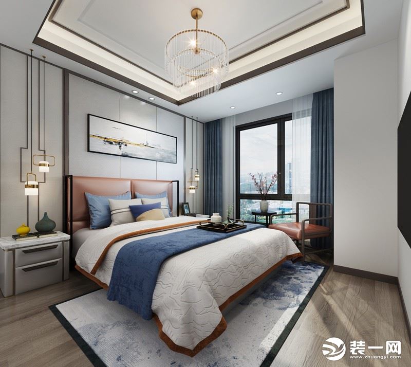 卧室 背景挂画彰显出柔和的禅意魅力。孔雀蓝的软饰为空间添抹了一笔亮色