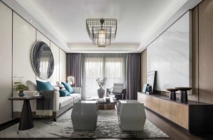 新中式风格 · 客厅   古色古香的灯饰、家具和沙发背景墙