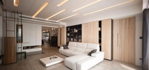 160㎡客厅采用内嵌灯光设计，层次错落，营造出不一样的生活体验。