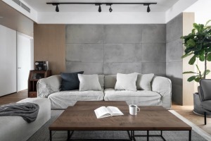 沙发墙以岩石板+木饰面的结合布置米白灰色的布艺沙发，还有原木质+铁艺架的茶几，也让客厅显得更加小资雅