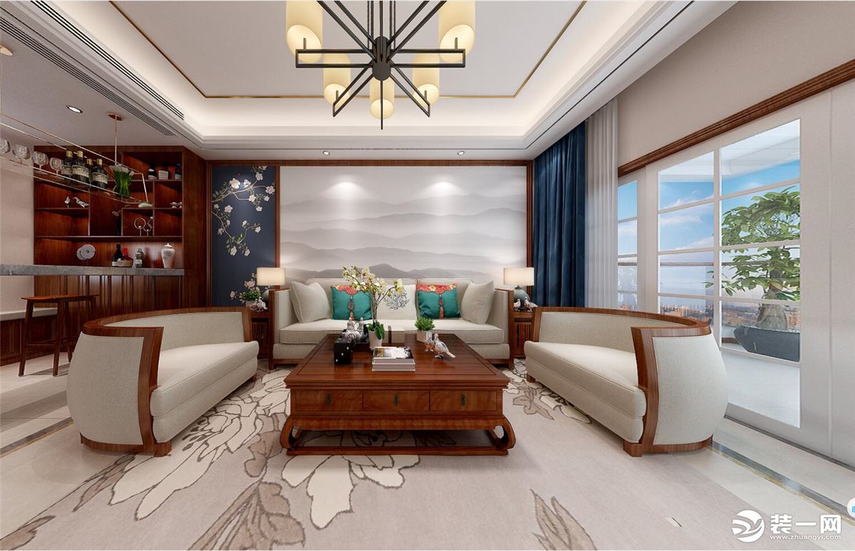 客厅全景 万达90平新中式风格别墅装修效果图
