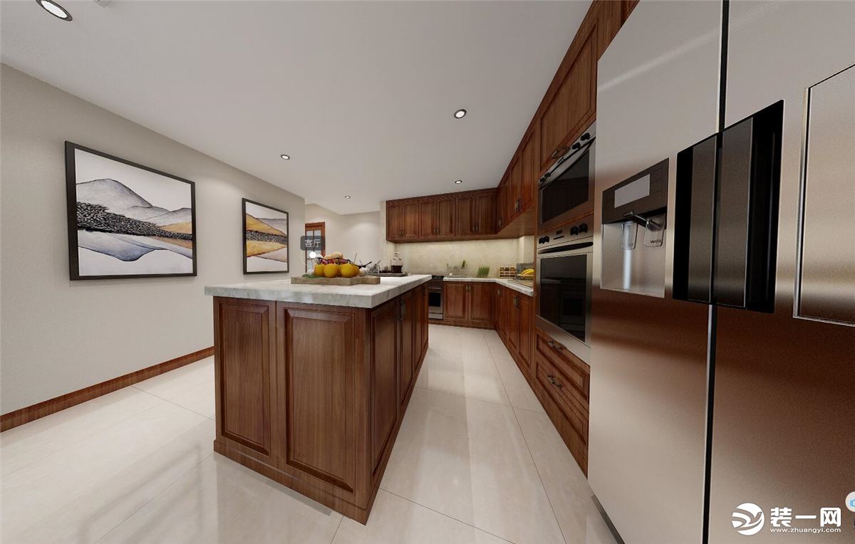 厨房全景效果 万达90平新中式风格别墅装修效果图