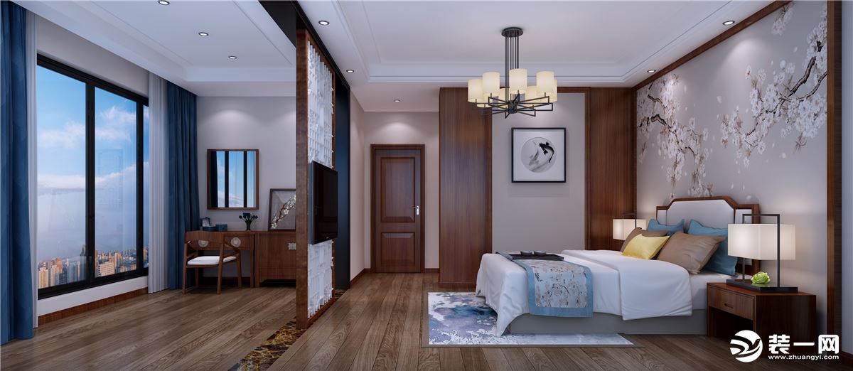 卧室全景效果 万达90平新中式风格别墅装修效果图