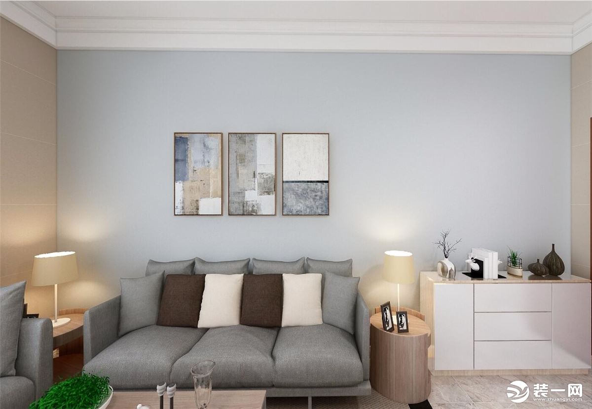 电视背景墙，浅灰色为主，搭配同色系沙发，低调整洁