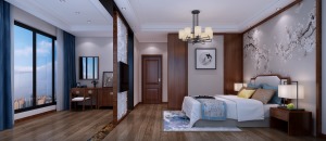 卧室全景效果 万达90平新中式风格别墅装修效果图