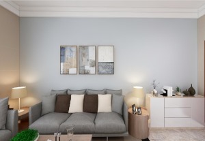 電視背景墻，淺灰色為主，搭配同色系沙發，低調整潔