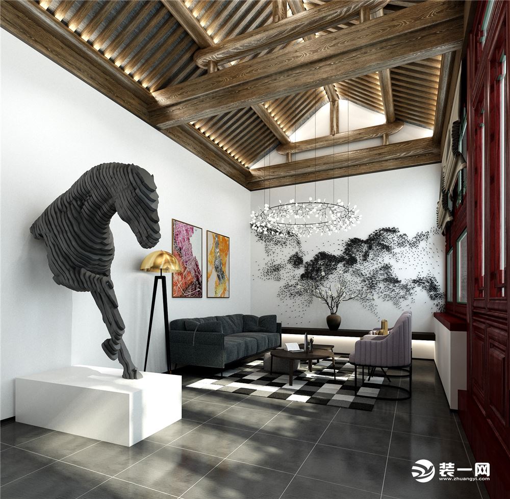 空间以一件艺术感极强的雕塑马划分，一侧为会客厅，以高级灰为主色调，墙面装饰了中国风画作
