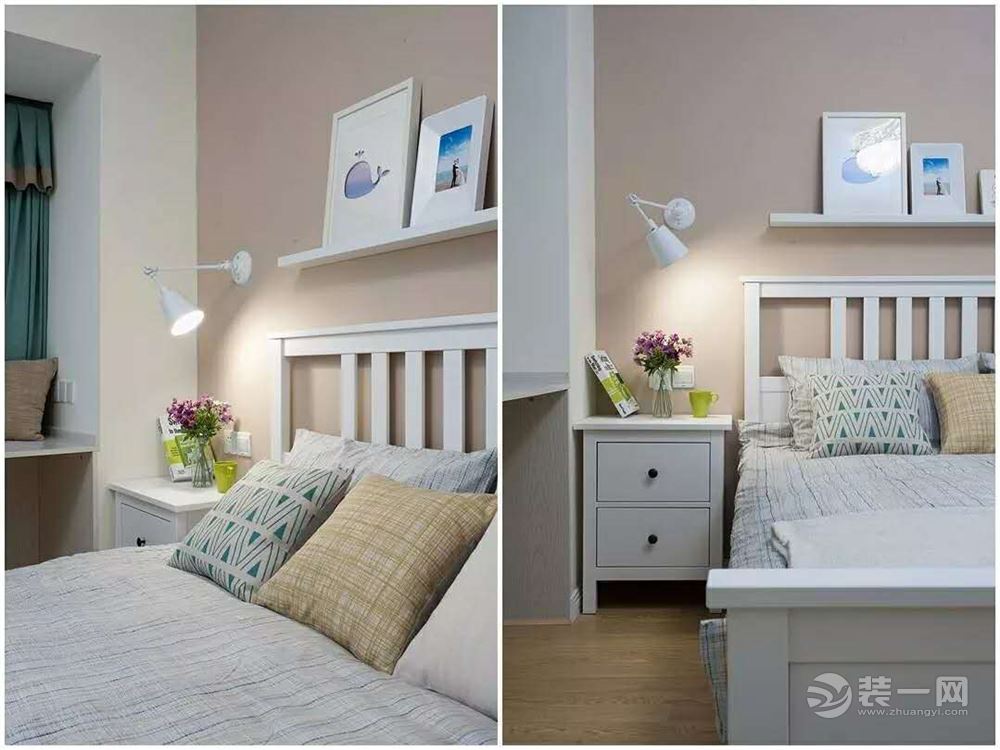 暖色的木地板，雅致的粉紫色墙面，白色窗的点缀，让卧室生活简简单单。