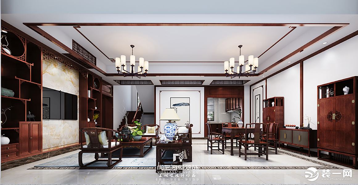 【宁波尚层装饰】舟山玫瑰园 200平方米新中式风格装修效果图客厅