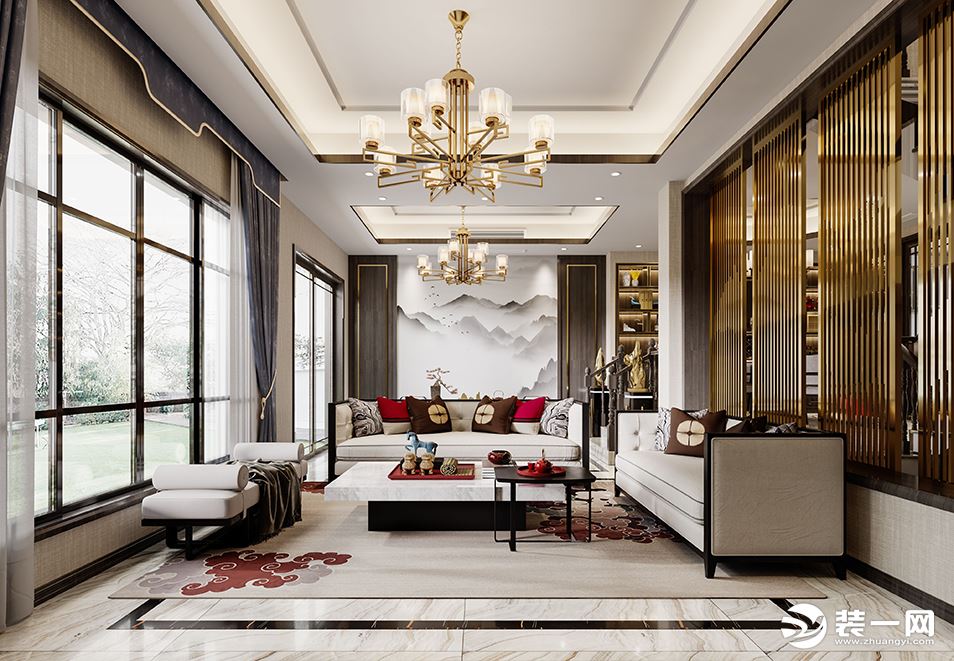 客厅以东方的雅致与内敛为基调，体现了空间的个性。色彩上以灰，白咖啡色为主线，红色作为点缀，加入大理石