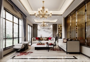 客厅以东方的雅致与内敛为基调，体现了空间的个性。色彩上以灰，白咖啡色为主线，红色作为点缀，加入大理石