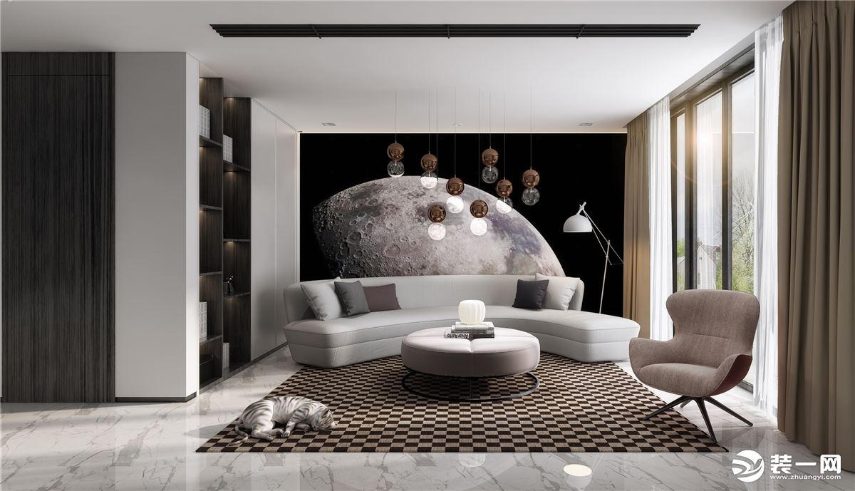 月球背景墙带给人安静的氛围，布艺沙发的柔软和窗外雅致景色为休闲的下午带来美的感受。