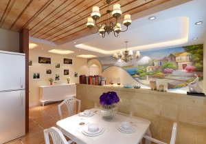 厨房餐厅改为一个空间。沙发背景墙为墙绘施工。厨房采用桑拿板吊顶。