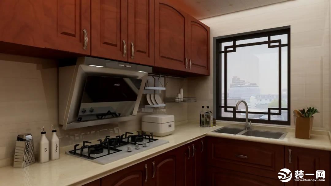 厨房采用吸塑造型深色柜体搭配米白色台面，墙砖采用横纹简洁色系的墙砖