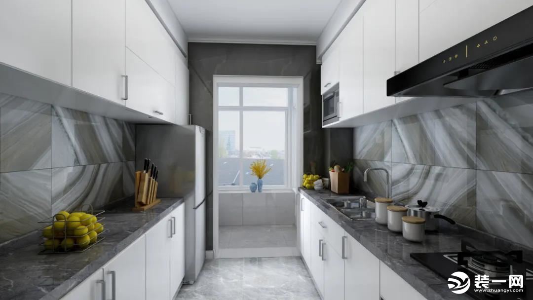 厨房台面做成双一字形式，增加储物空间及操作台面，采用现代黑白灰色系的色彩搭配
