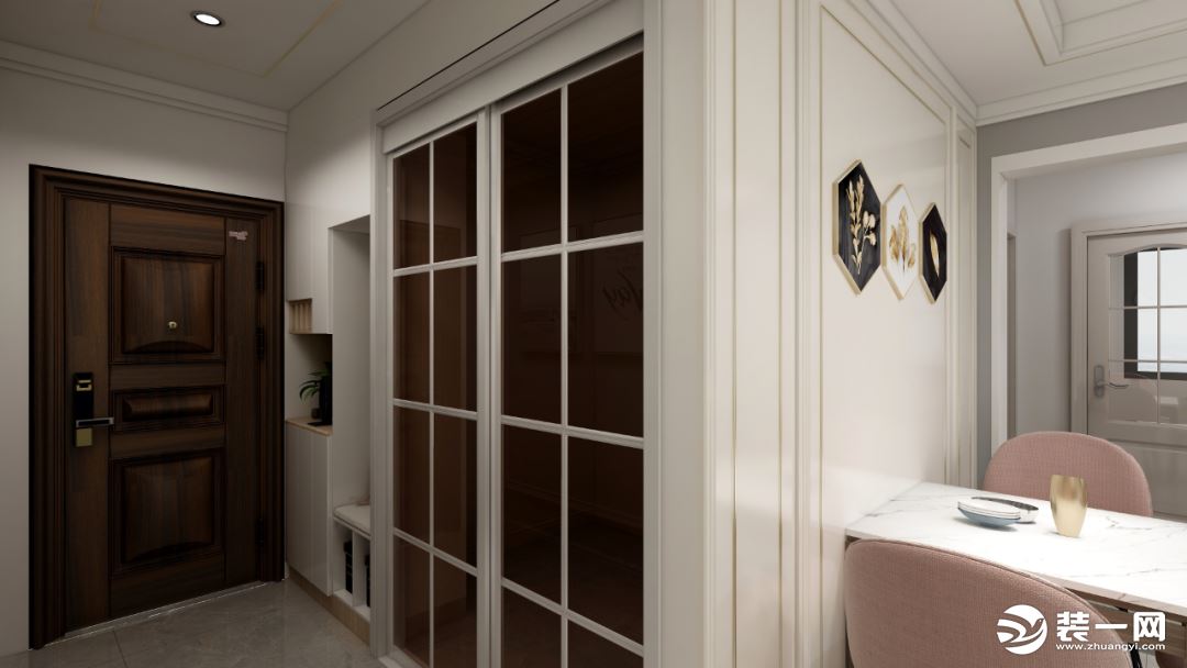 将门厅区域空间划分成玄关区和衣帽间，门厅鞋柜与衣帽间相连，整体且充分利用空间。