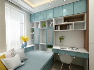 儿童房选用蓝白色系板材相搭配，呈现活力清新的空间整体采用榻榻米形式，床体与书桌连体定制，将空间合理利