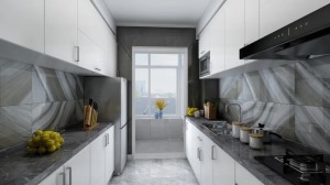 厨房台面做成双一字形式，增加储物空间及操作台面，采用现代黑白灰色系的色彩搭配