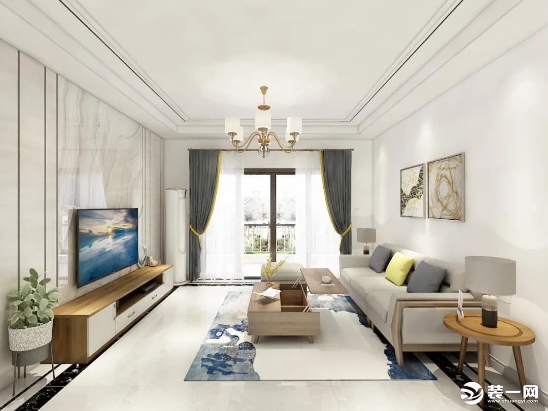 客厅整体简洁大气，米白色的空间，给人的感觉就是优雅温柔，电视柜极简的设计让空间显得干净整洁。