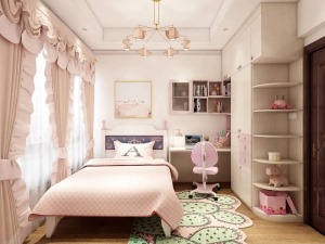 卧室以粉色作为主基调，洋溢着女主人的少女心，也凸显出主人心中的浪漫情结。与象牙白搭配很吻合孩童的幻想