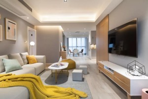 墙面选择了现代风格中的经典浅灰色调，沙发茶几和电视柜，作为中和色调。而抱枕、懒人沙发和明黄色的盖毯，