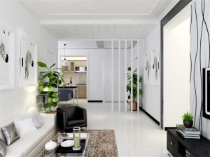 客厅色调以白色为主，给人安静沉稳的感觉。黑色个别家具点缀，显得空间不那么单调。