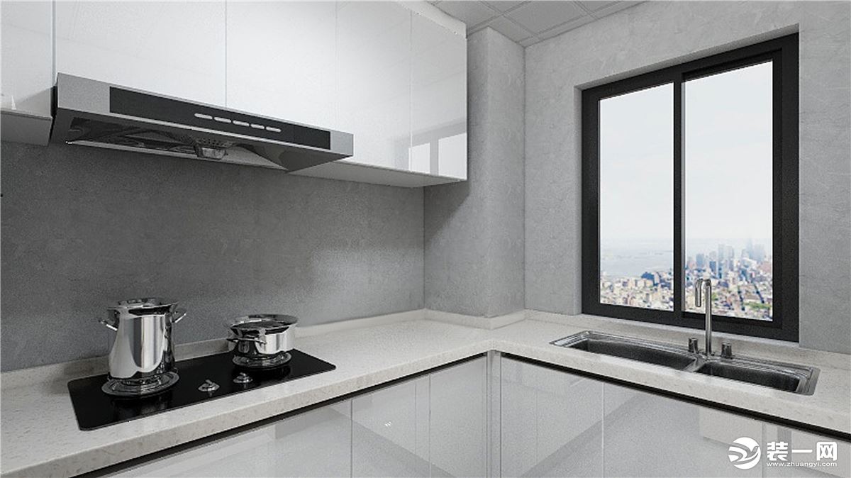 厨房简单且光线明亮，选用白色的橱柜干净大方。