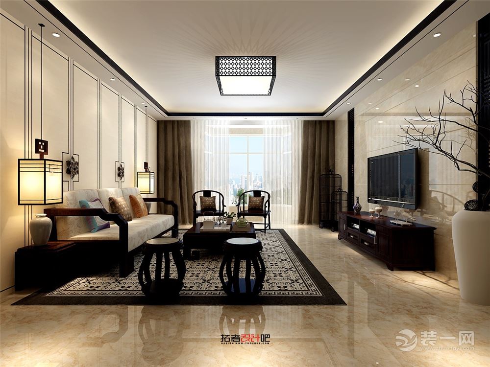 中式风格三居室客厅装修设计