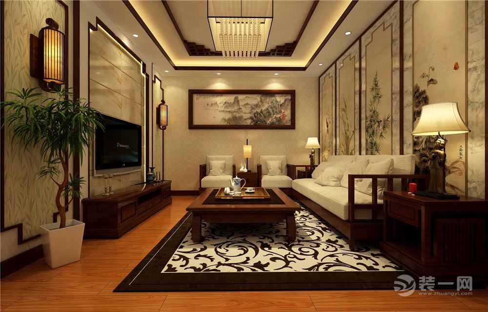 中式风格三居室客厅装修效果图图片