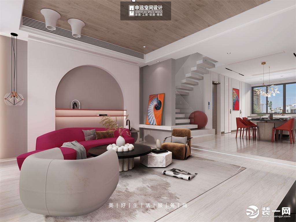 红色弧形主沙发作为客厅空间的主体，浅色石材茶几、米色布艺单椅、木质天花板、白色墙面调和了红色的激情，