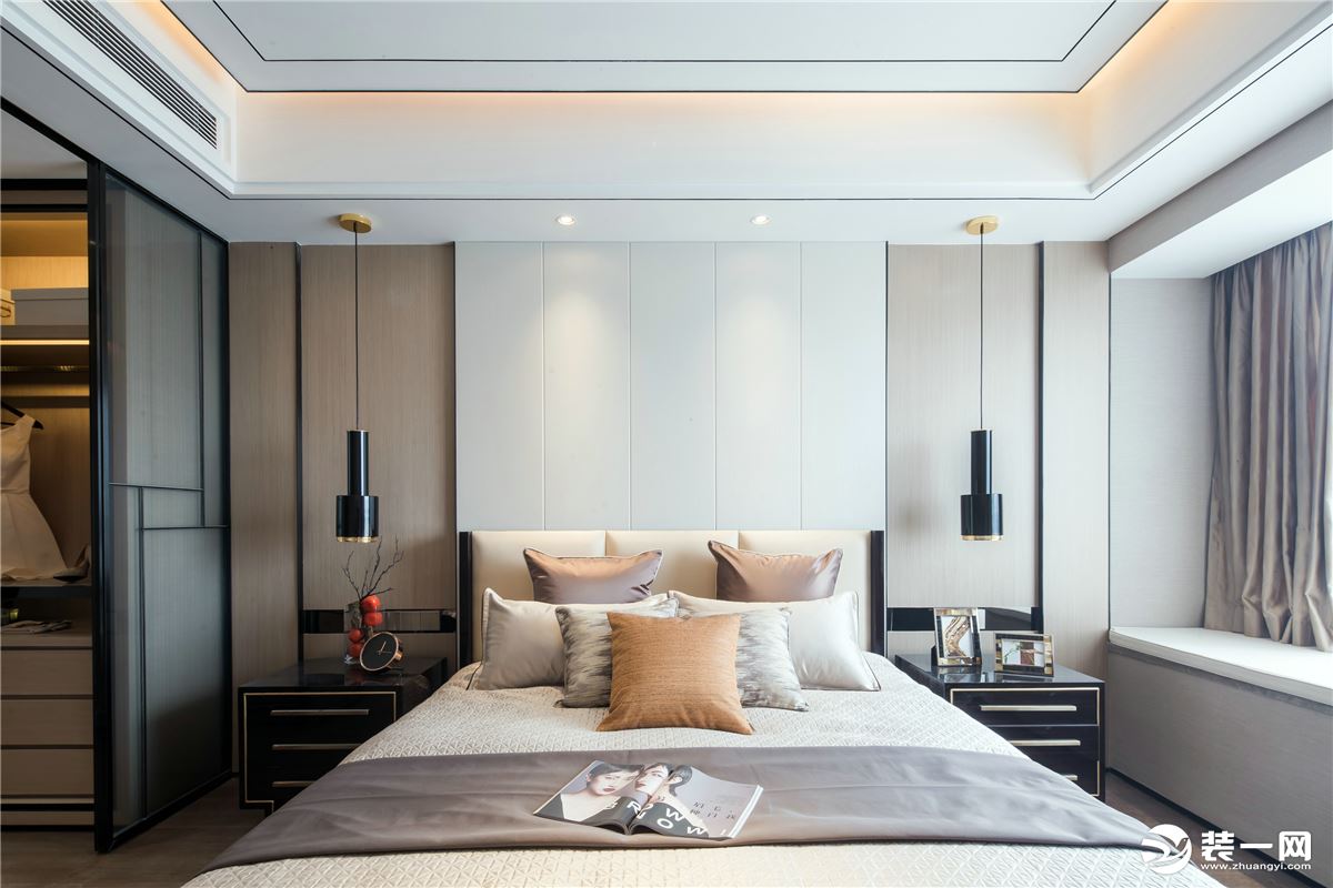 【千思装饰】180㎡新中式样板房+卧室 吊顶 床 灯具完美新中式实景样板房