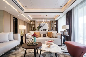 【千思装饰】180㎡新中式样板房+客厅 装饰画 吊顶 沙发 茶几完美新中式实景样板房
